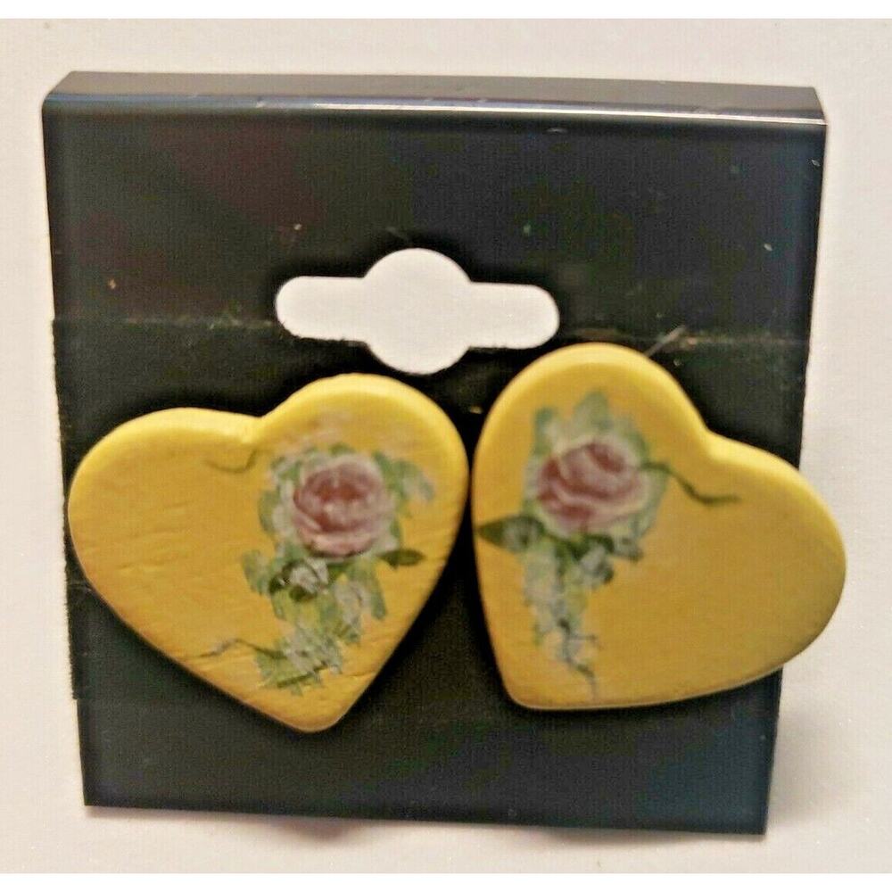 Vintage 80's Yellow Heart Shaped Earrings Hand Painted Roses Pink Post Nice